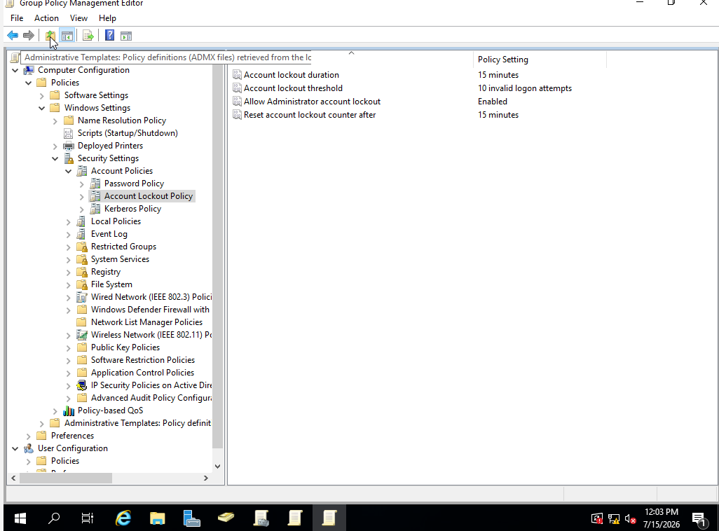 Account lockout policy settings