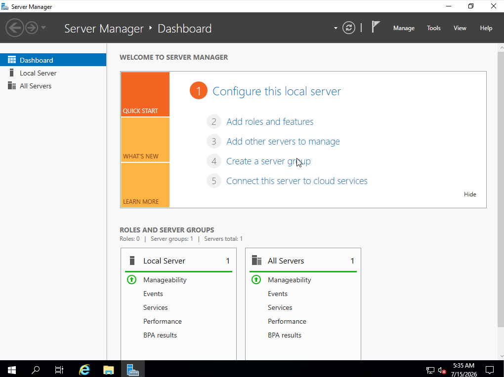 Server Manager dashboard overview
