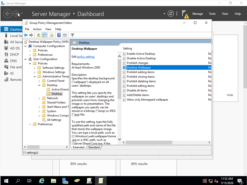 Desktop wallpaper policy setting