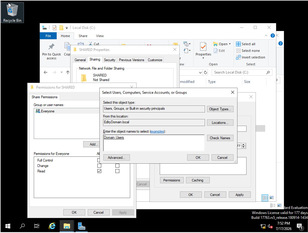 Domain Users selected in Select Users or Groups dialog