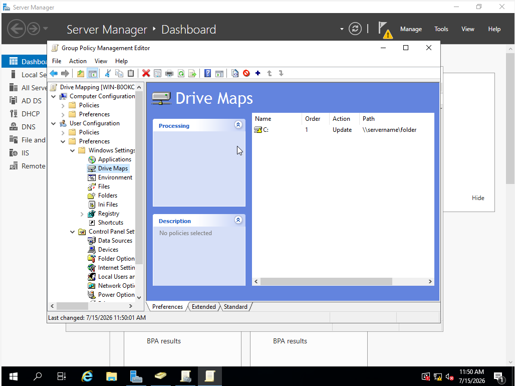 Configured drive map showing in Group Policy