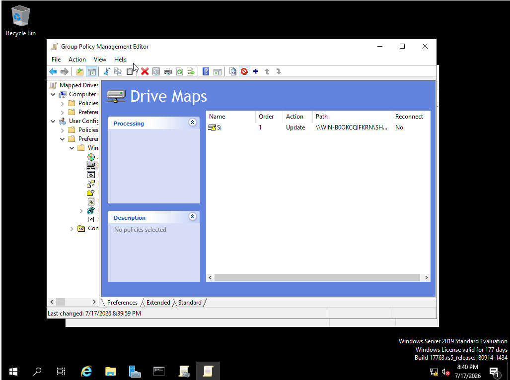 Drive Maps preference showing created mapped drive