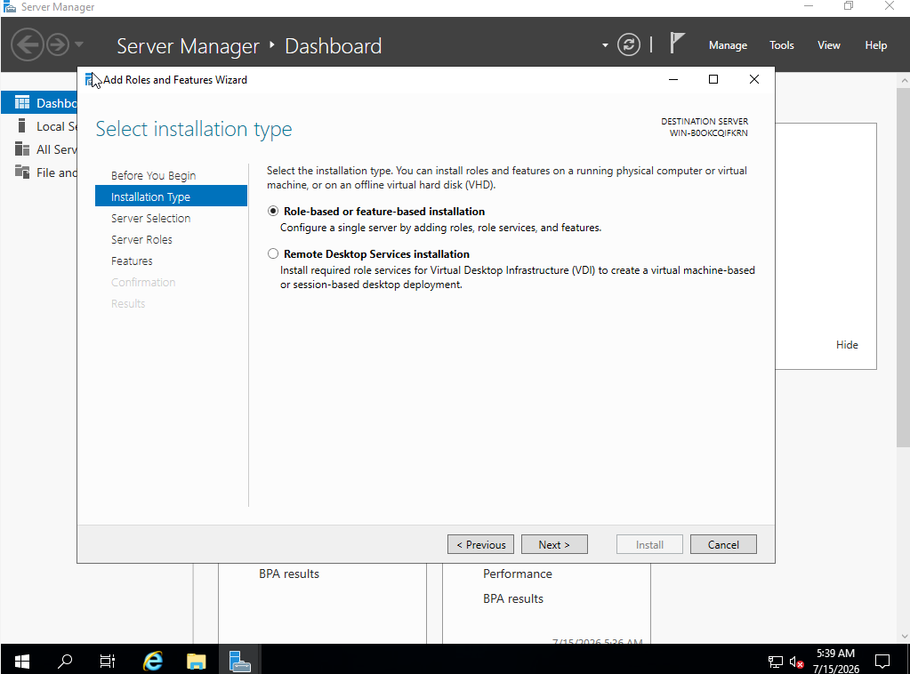 Select installation type step