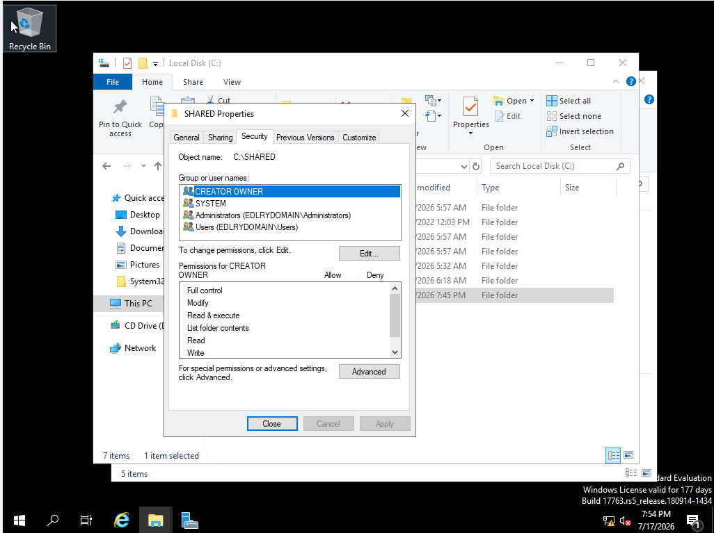 NTFS Security tab permissions for SHARED folder