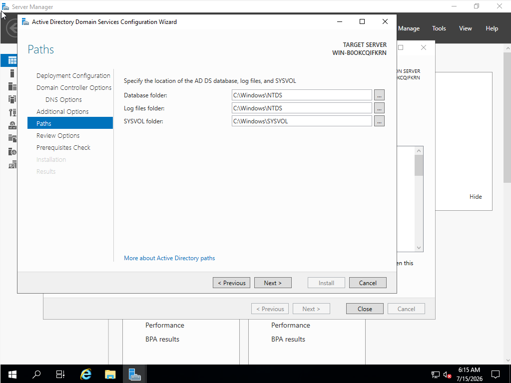 AD DS database, log files, and SYSVOL paths