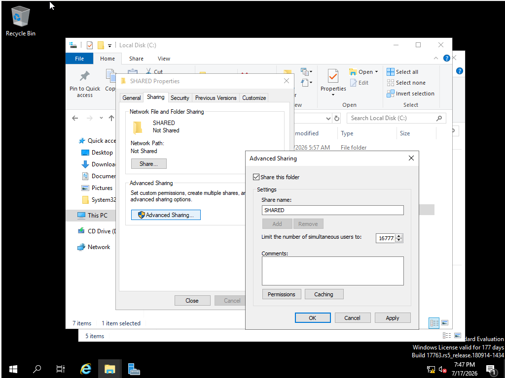 SHARED folder properties with Advanced Sharing enabled