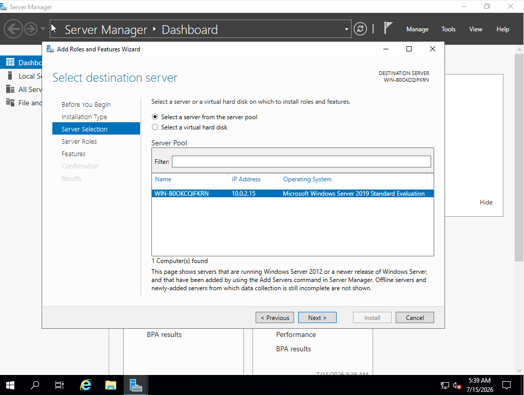 Select destination server step