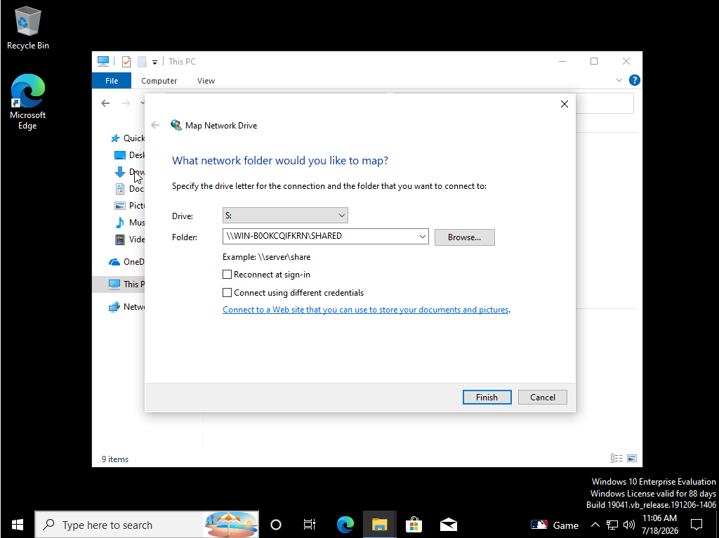 Map Network Drive dialog with server path filled in