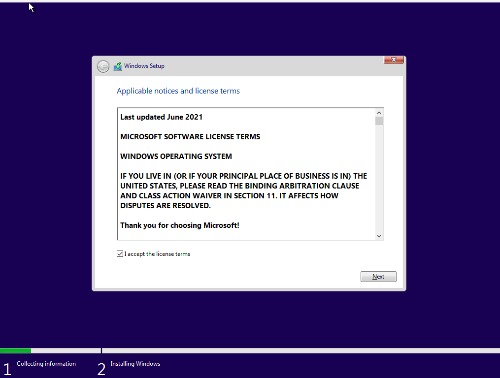 Windows 10 installation license terms screen