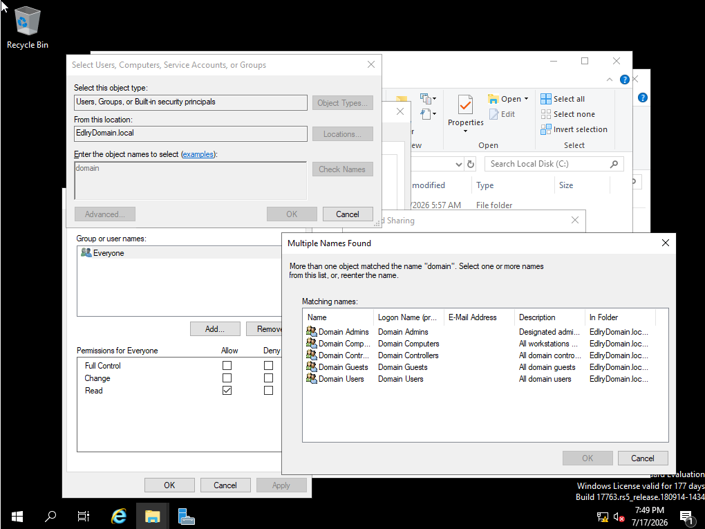 Select Users or Groups dialog with domain typed in and Check Names