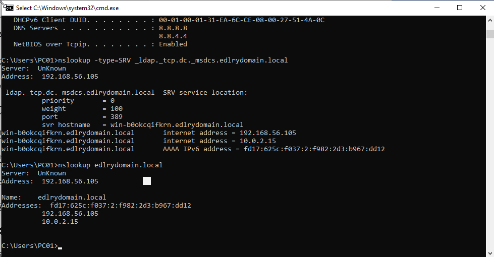 nslookup output confirming domain controller resolution