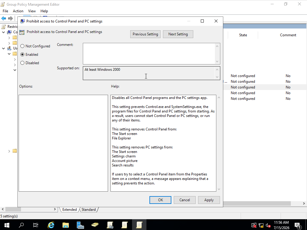Prohibit access to Control Panel and PC settings