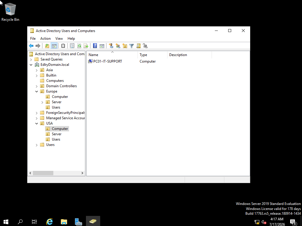PC01-IT-Support successfully placed in the USA Computer OU