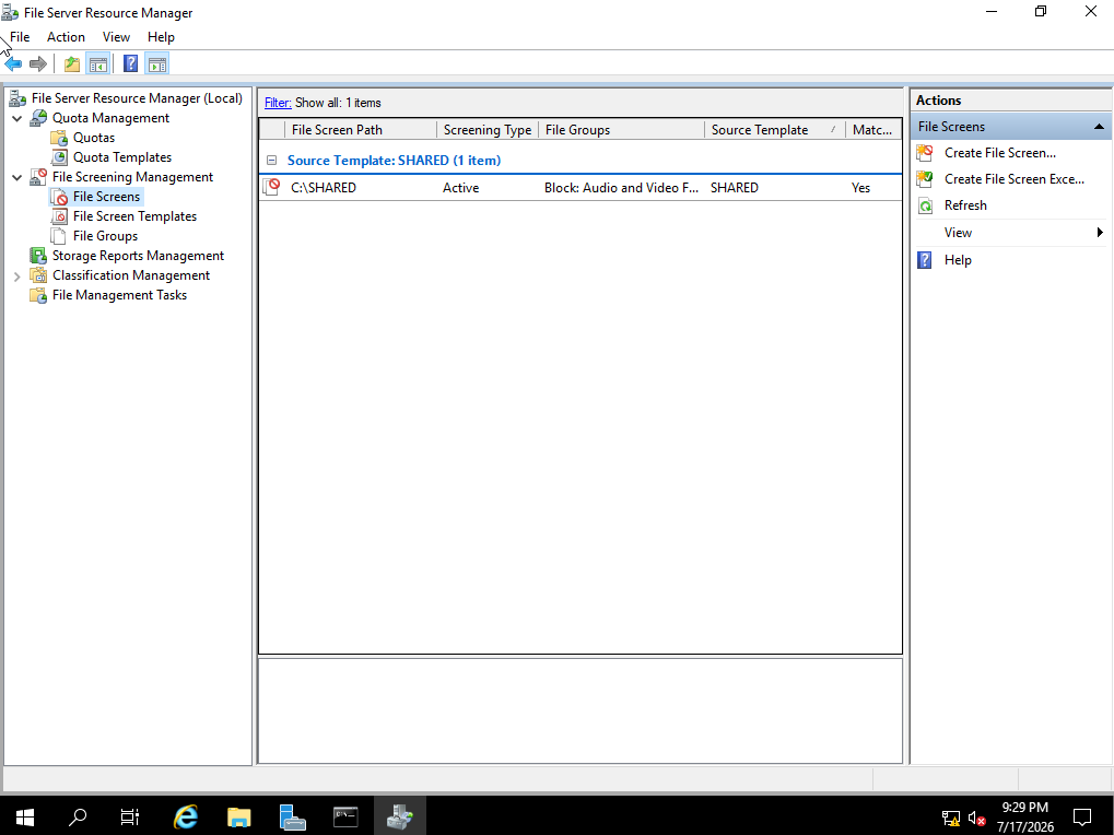 File Screens list showing SHARED template applied to C:\SHARED