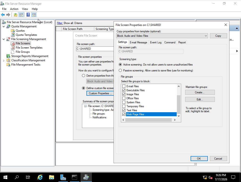 File Screen Properties with blocked file groups selected