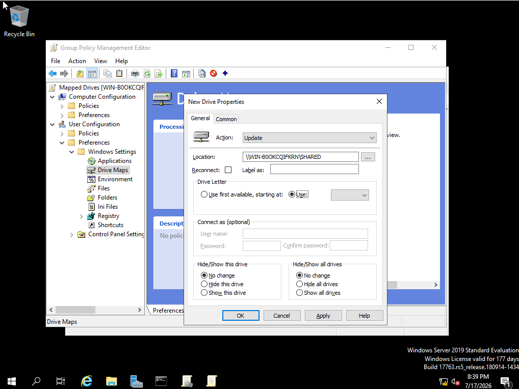 New Drive Properties dialog in Group Policy Management Editor