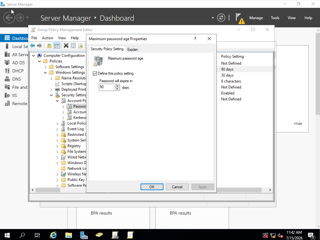 Setting maximum password age to 90 days
