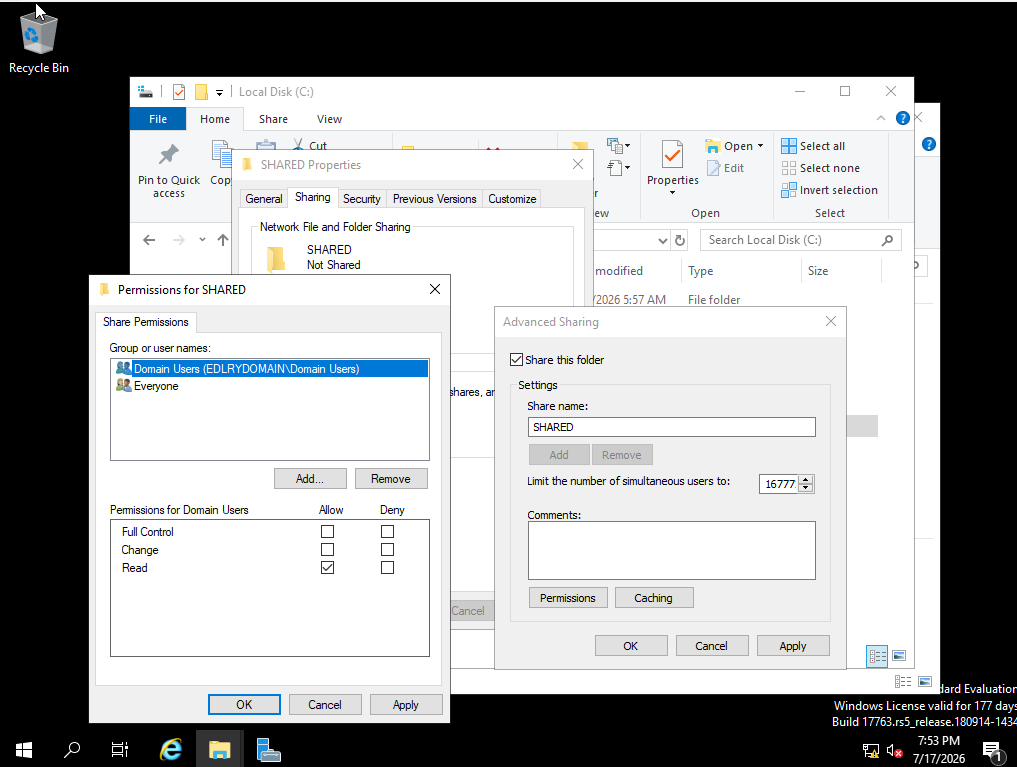 Read permission selected for Domain Users share permissions