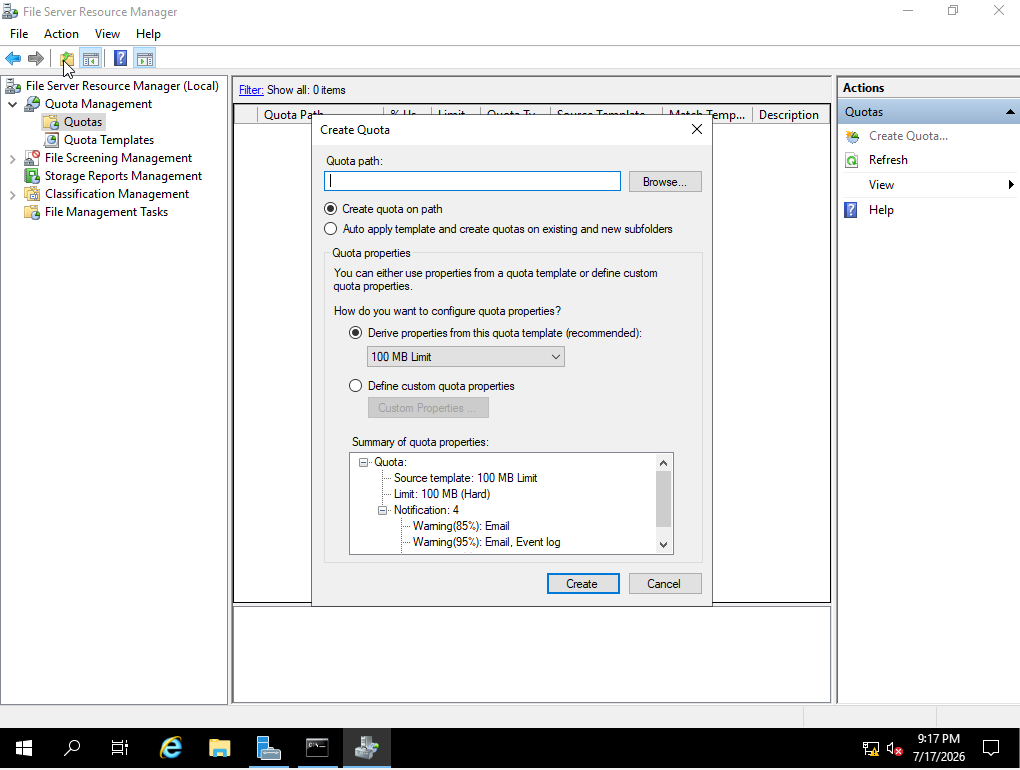 Create Quota dialog for C:\SHARED path
