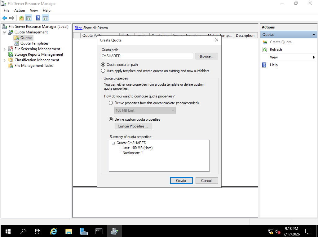 Custom quota properties defined with 100 MB limit