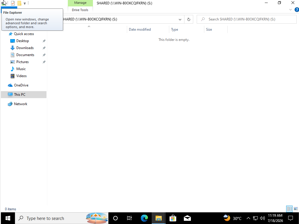 Successfully connected mapped drive showing empty SHARED folder