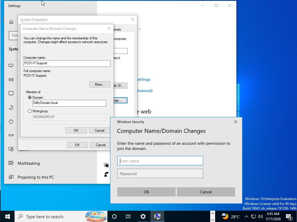 Computer Name/Domain Changes dialog joining the domain