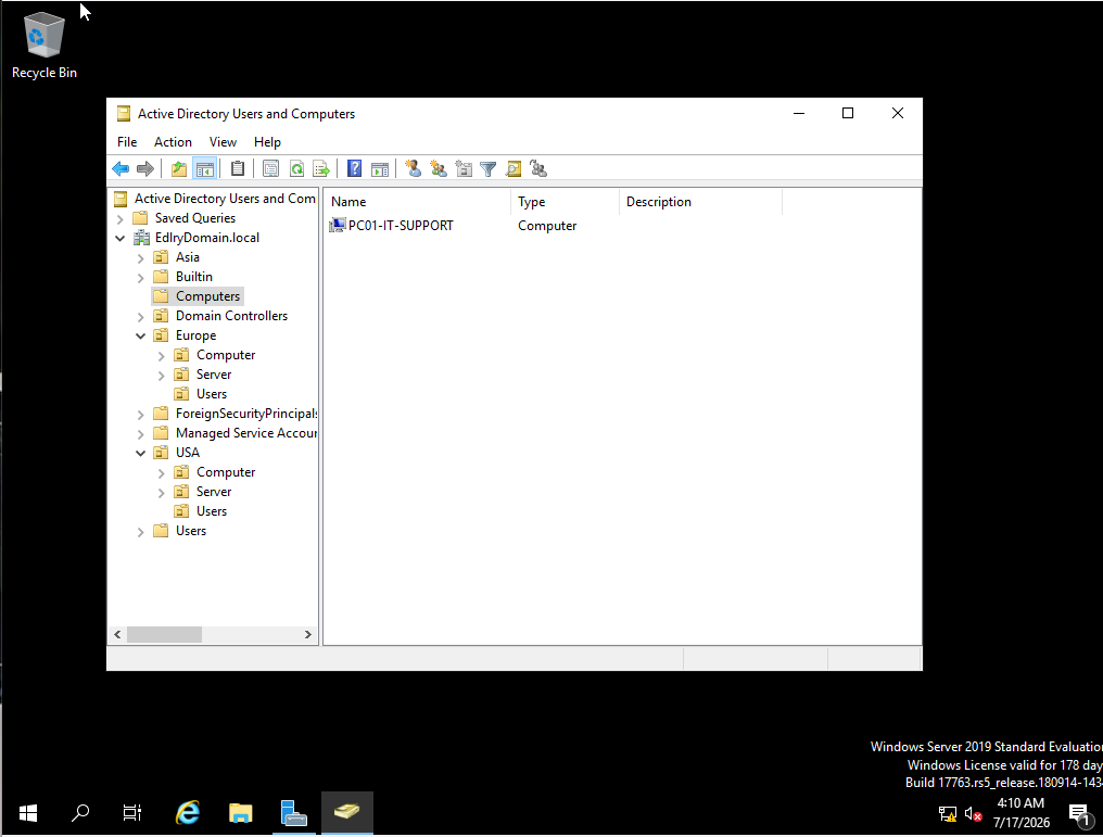 PC01-IT-SUPPORT computer object visible in ADUC