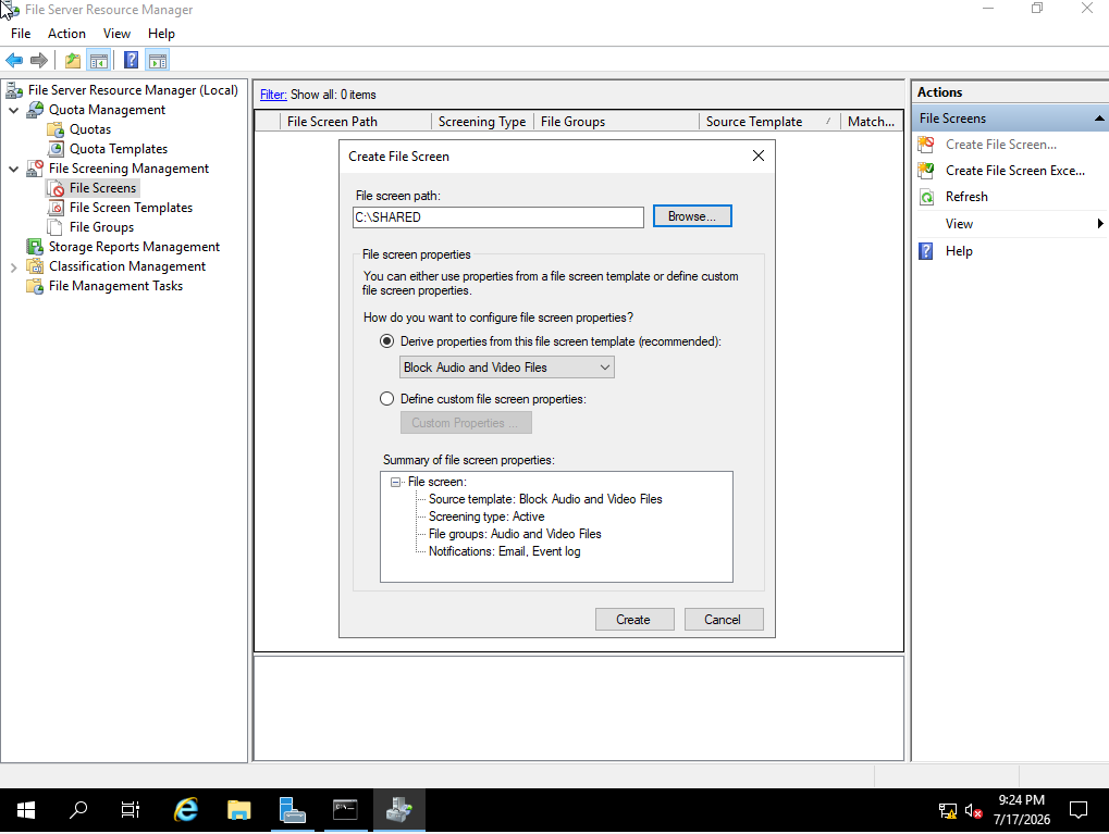 Create File Screen dialog for C:\SHARED