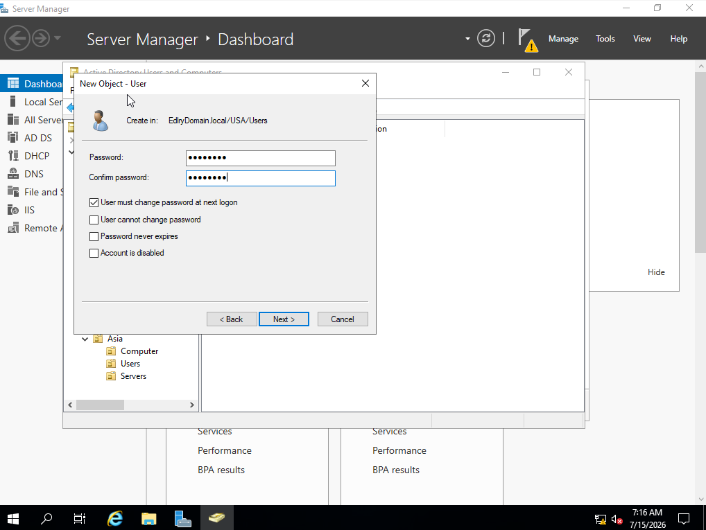 Creating a new user account, step 2