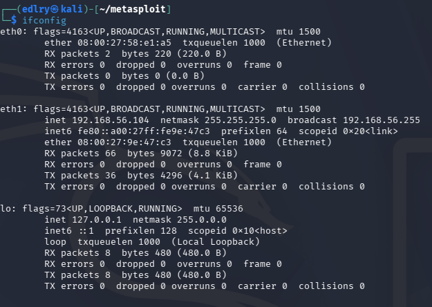ifconfig output on Kali Linux showing 192.168.56.104