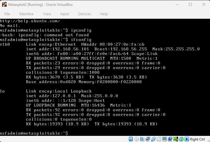 ifconfig output on Metasploitable2 showing 192.168.56.101