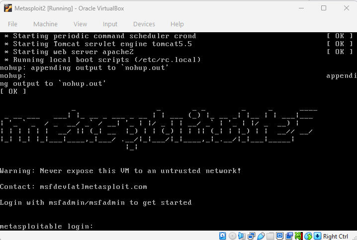 Metasploitable2 VM running in VirtualBox
