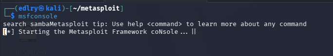 msfconsole starting up with the Metasploit banner