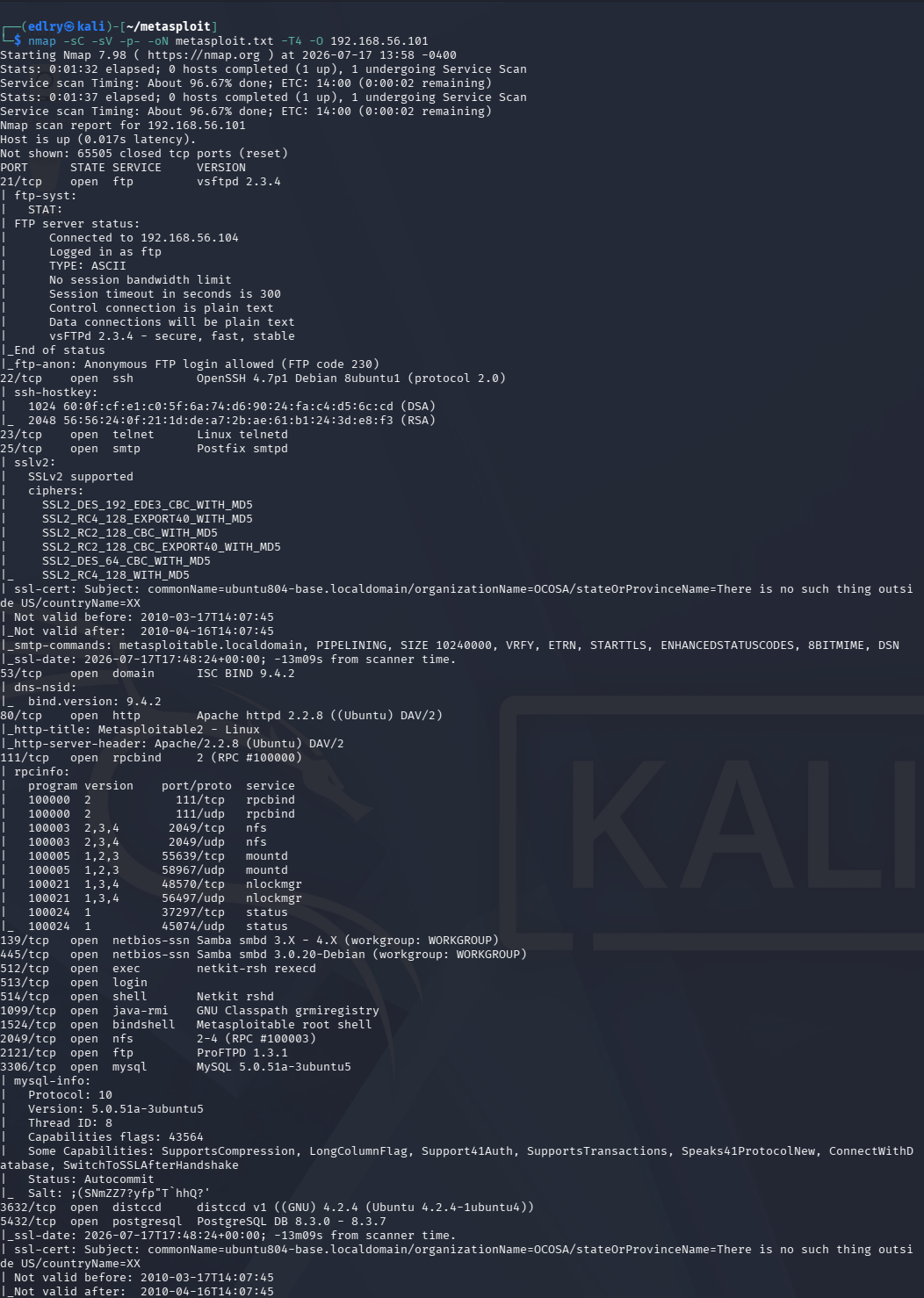 Nmap scan results showing open ports on Metasploitable2