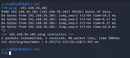 Kali Linux pinging Metasploitable2 successfully