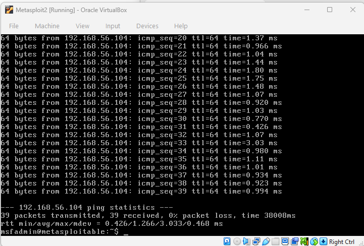 Metasploitable2 pinging Kali Linux successfully